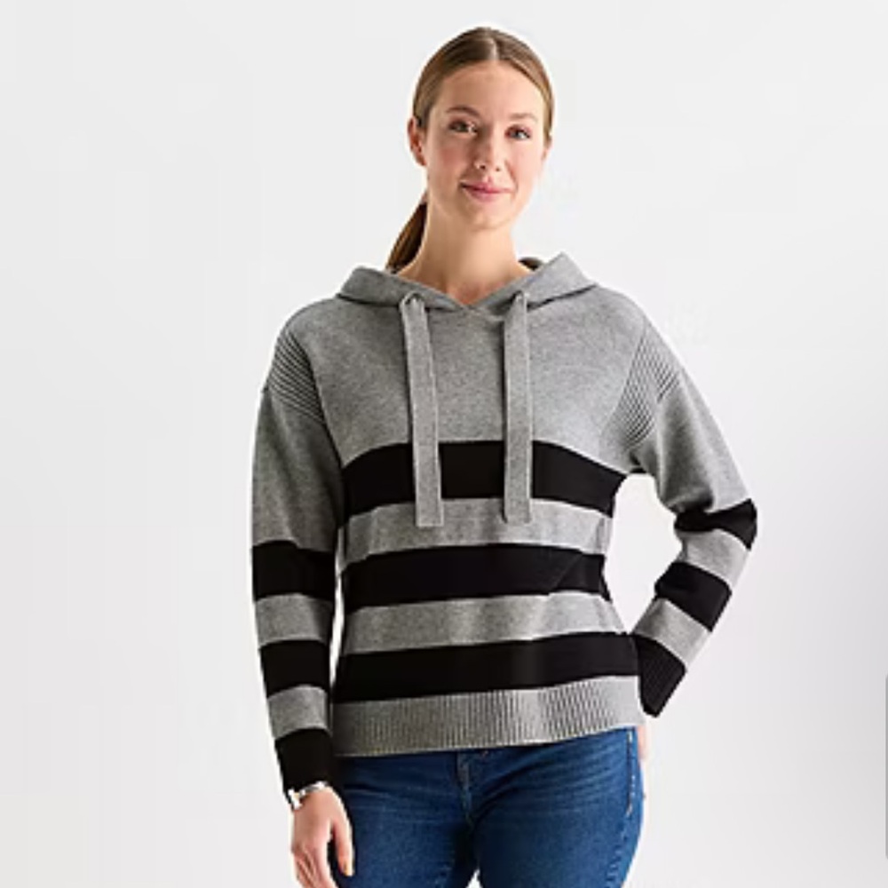 NWT Liz Claiborne Striped Gray and Black Women's Sweater Hoodie